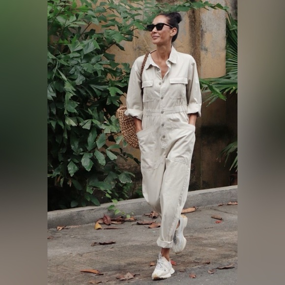 ⚪️ 🌿 Zara Beige Utility Linen Blend Long Sleeve Jumpsuit - Size S - Picture 6 of 6